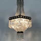 Old large 3-light hot air balloon chandelier in bronze, glass pendants.