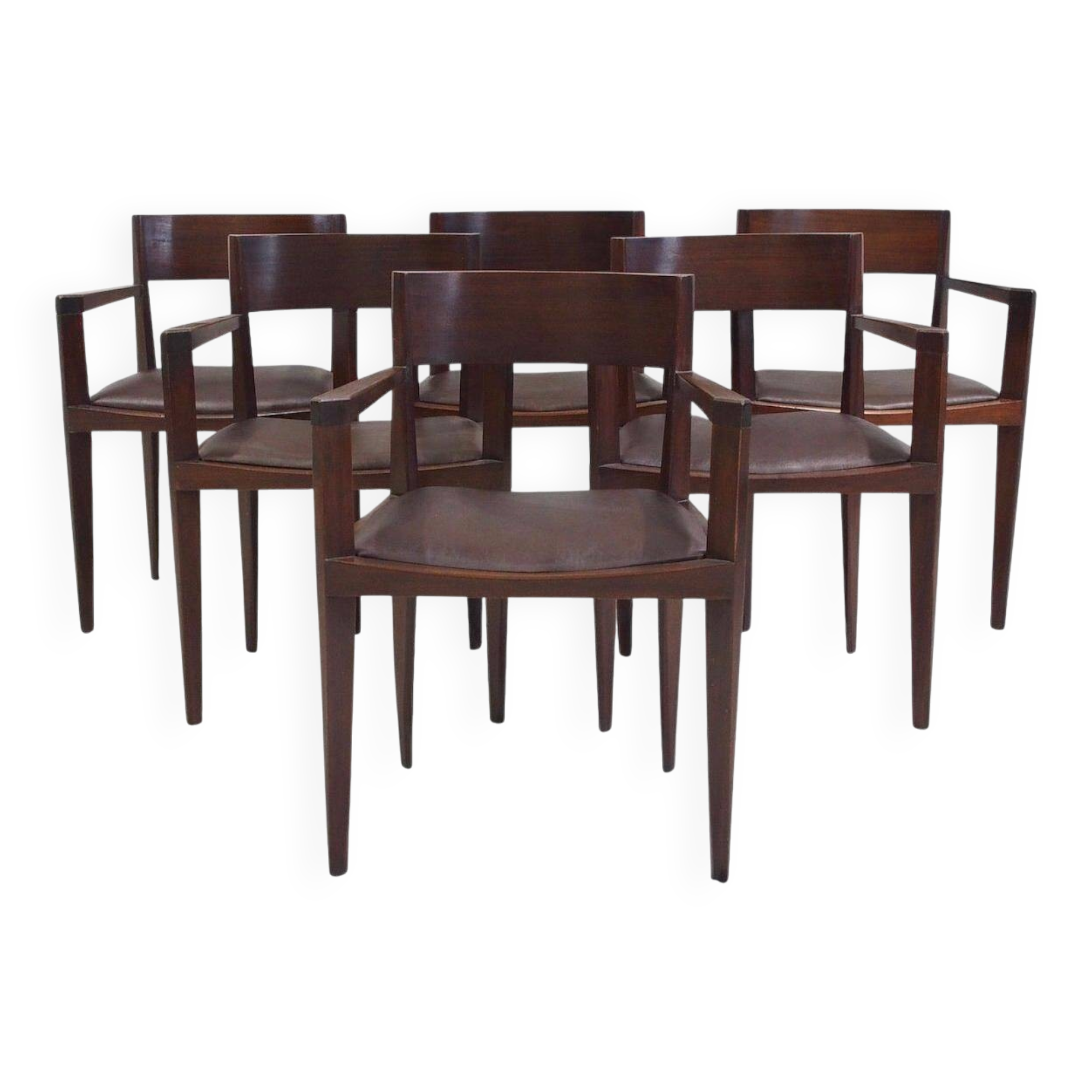 Set of six Italian wooden dining chairs in dark brown faux leather.