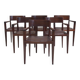 Set of six Italian wooden dining chairs in dark brown faux leather.