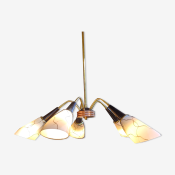 Opaline, Bakelite and brass five-pointed chandelier from the 50s