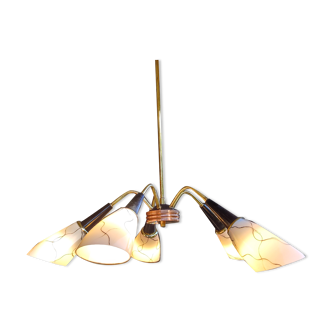 Opaline, Bakelite and brass five-pointed chandelier from the 50s