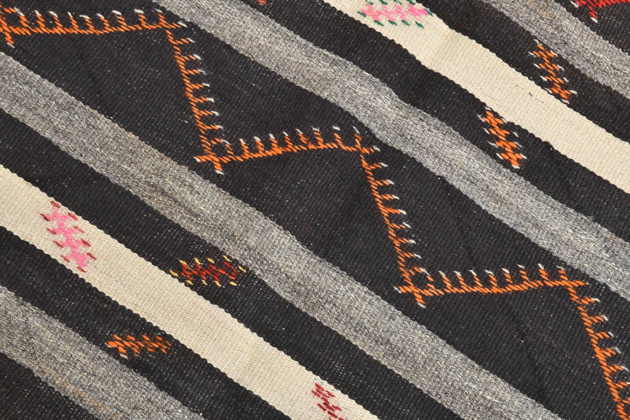 7x10 Black & Cream Large Vintage Kilim Rug, 204x300Cm