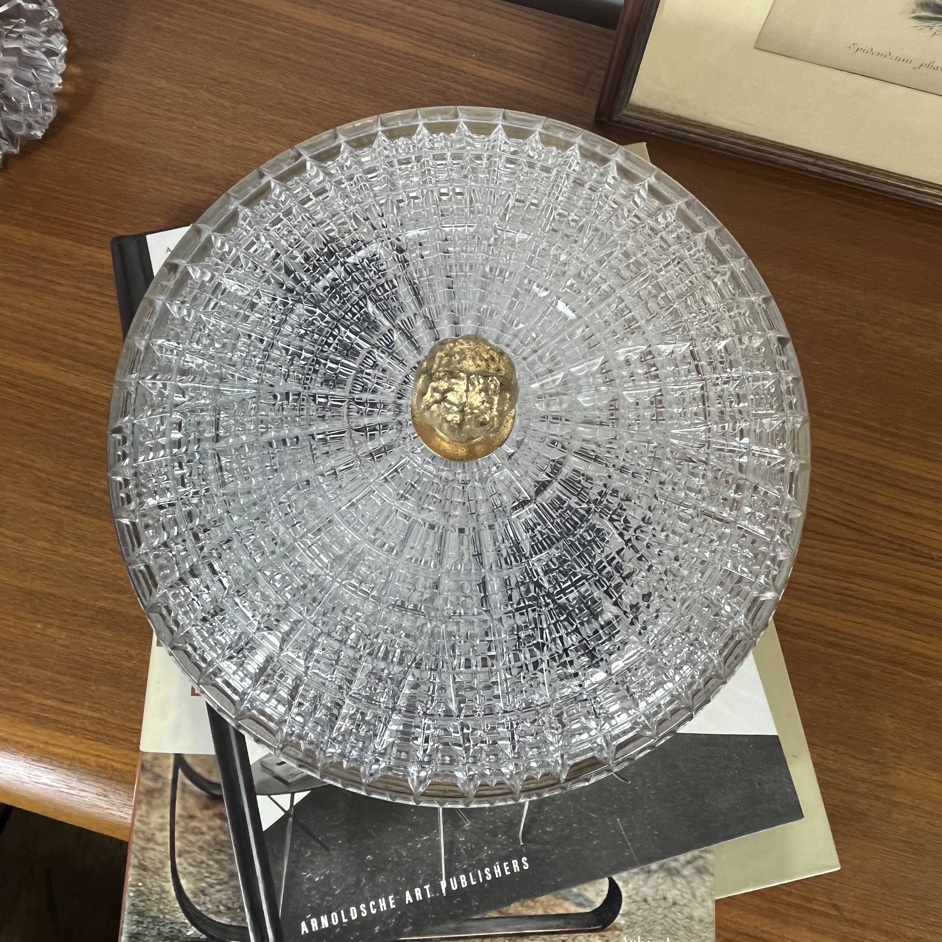 Glass and gold metal ceiling light, vintage model from the 1930s.
