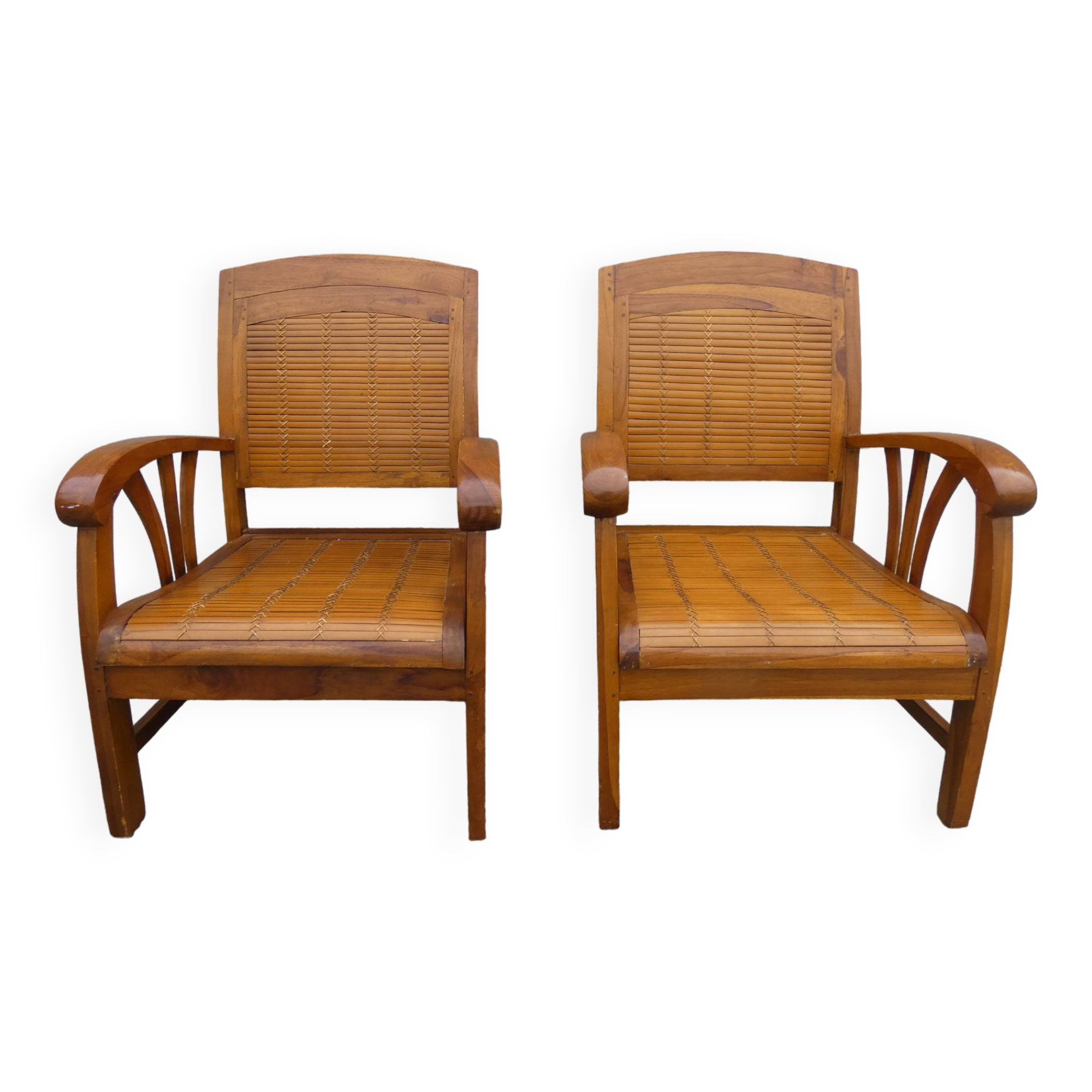 2 colonial bamboo and teak armchairs