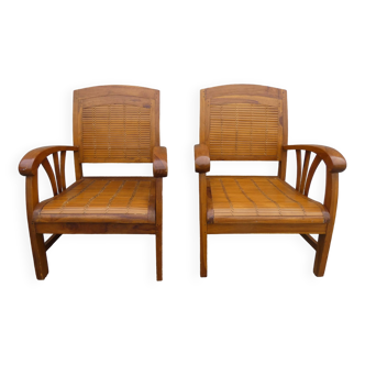 2 fauteuils coloniaux en bambou et teck