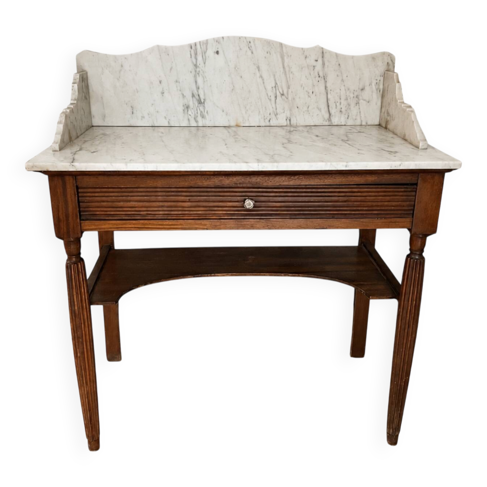 Antique wooden and veined white marble dresser, Louis XVI style.