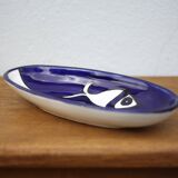 Plat céramique vintage, plat ovale bleu et blanc motifs poisson, made in italy