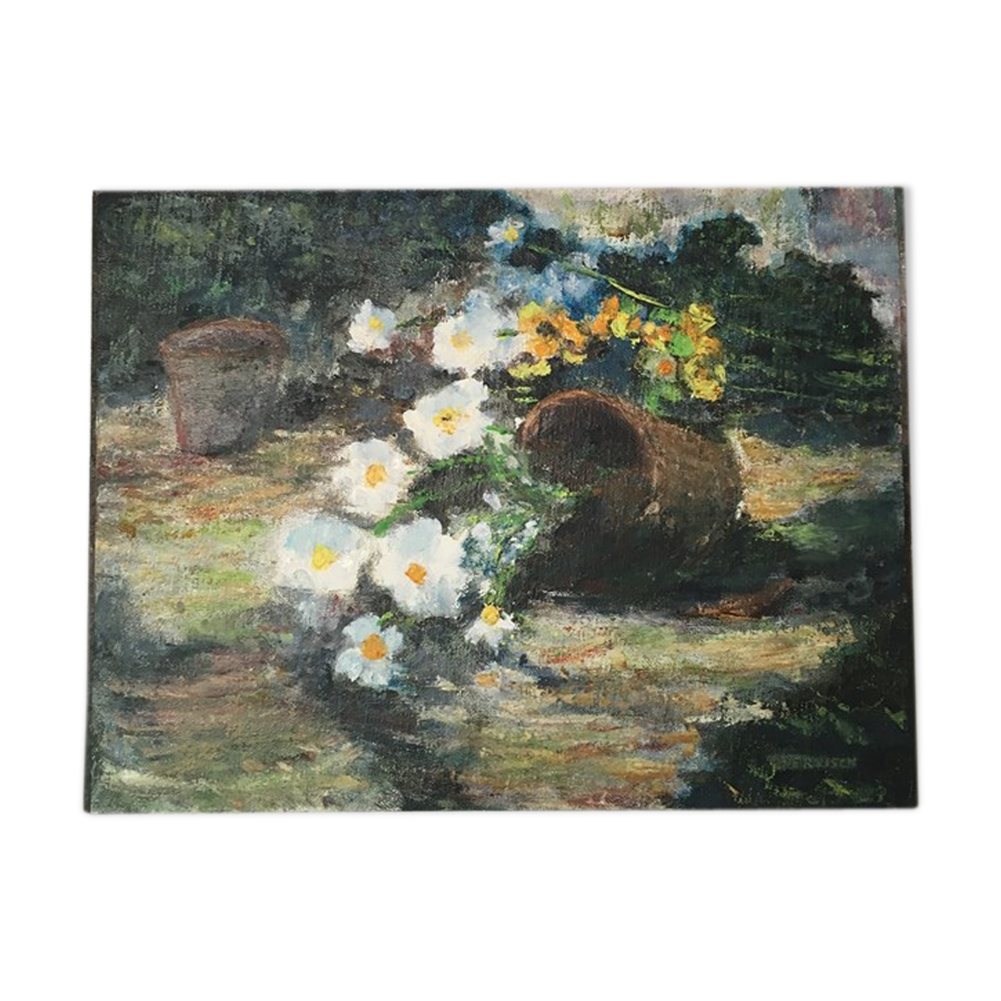 Nature morte vase de primevères renversé