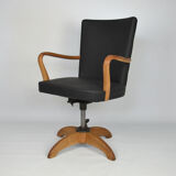 Antique black leather and oak desk chair 1900s, Sweden
