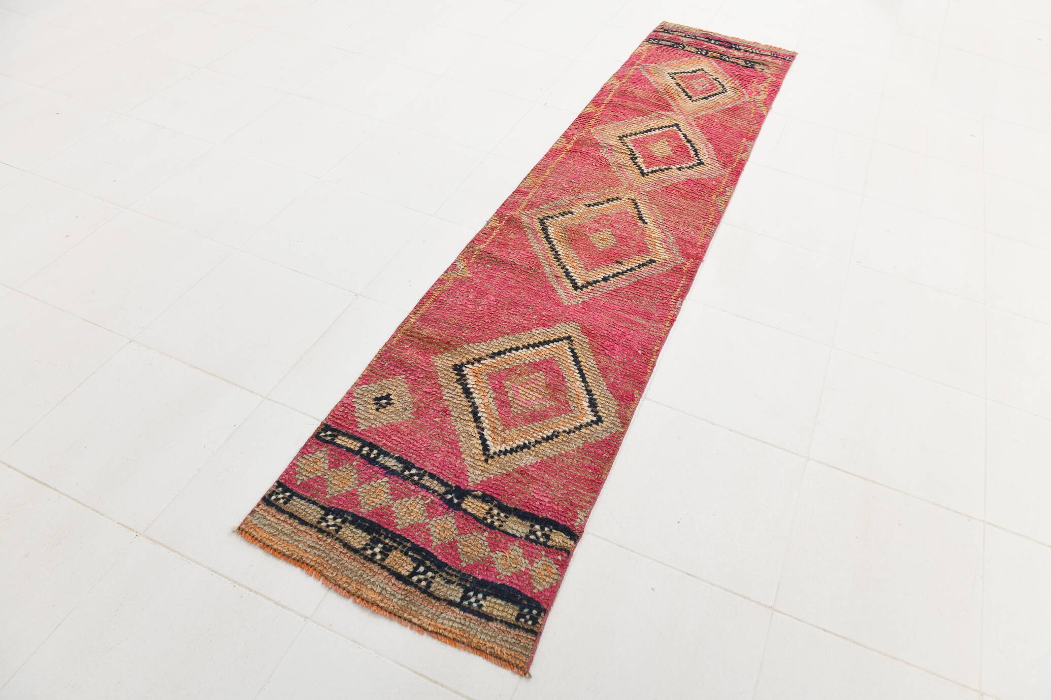 Pink & Beige Tribal Motifs Vintage Runner Rug, 63x295 Cm