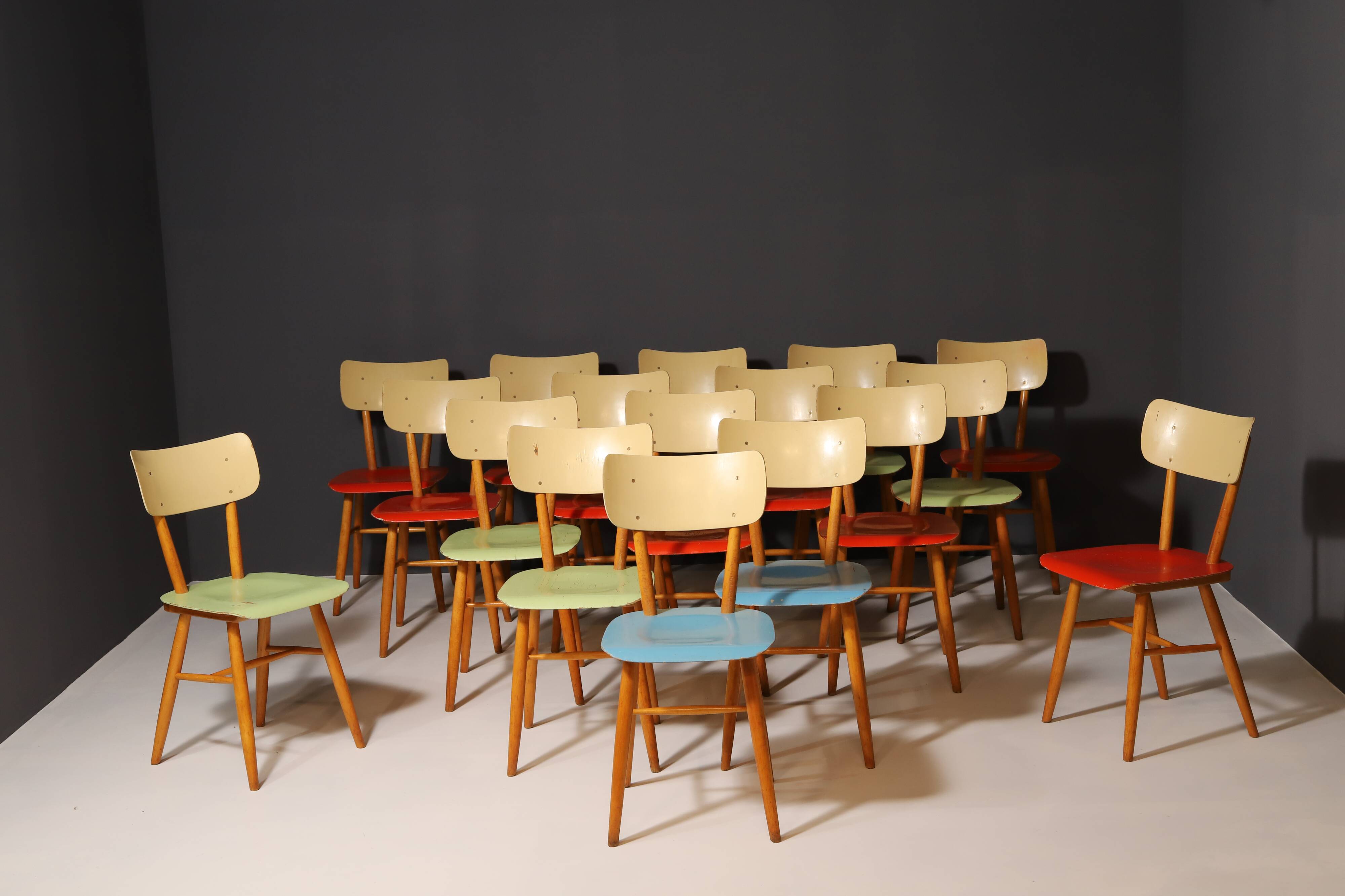 Mid century color dining chairs  1960´s, Czechoslovakia, set of 18