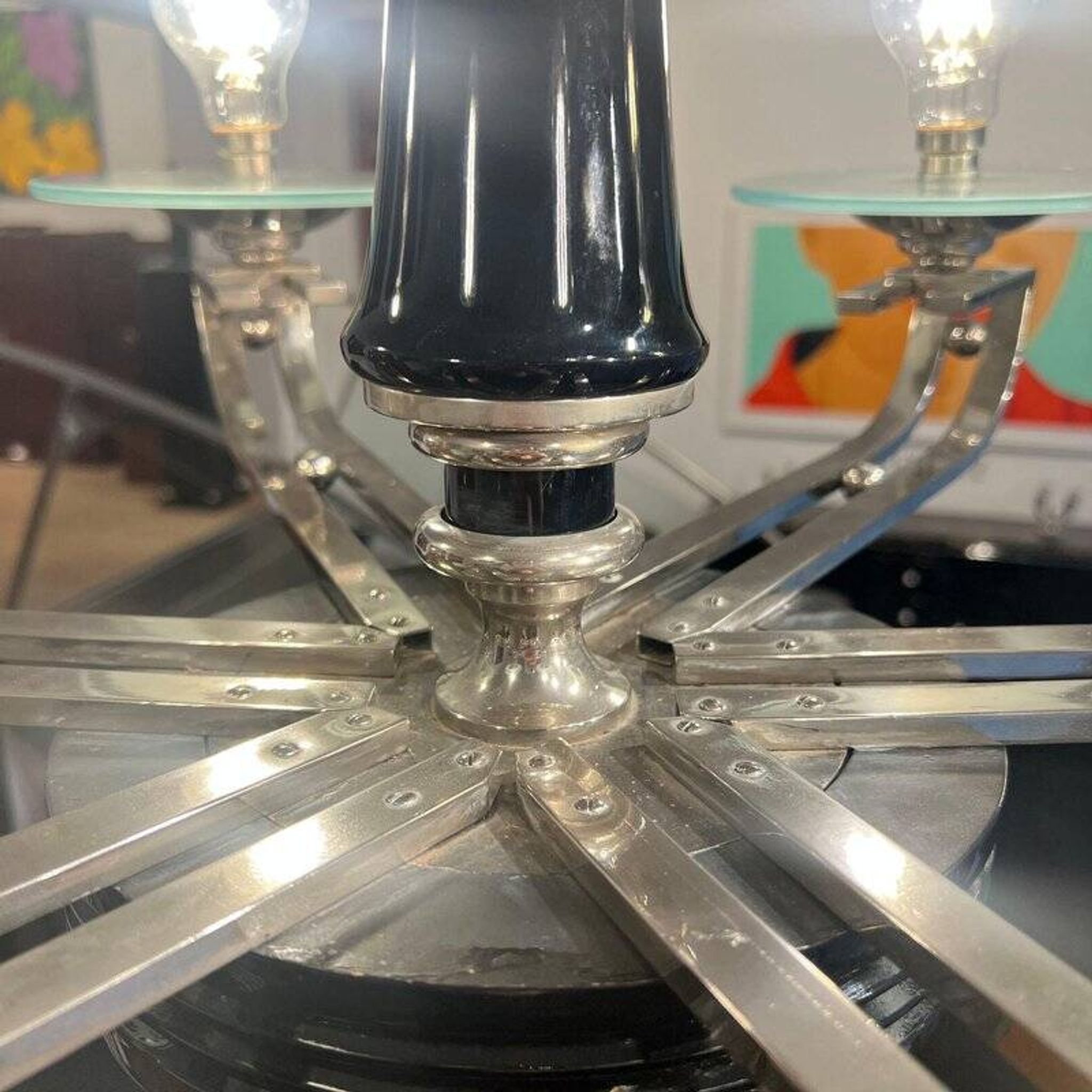 Chandelier Art Déco en laque noire et verre, 1930