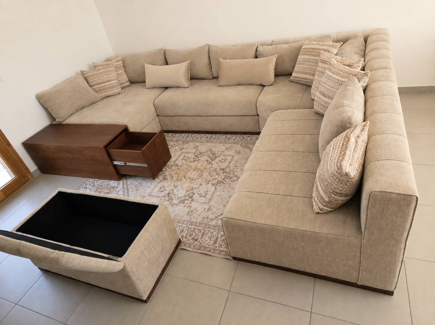 Custom XXL panoramic sofa - Solid walnut and premium fabric