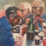 Tableau ancien bar restaurant, Les buveurs, XXe