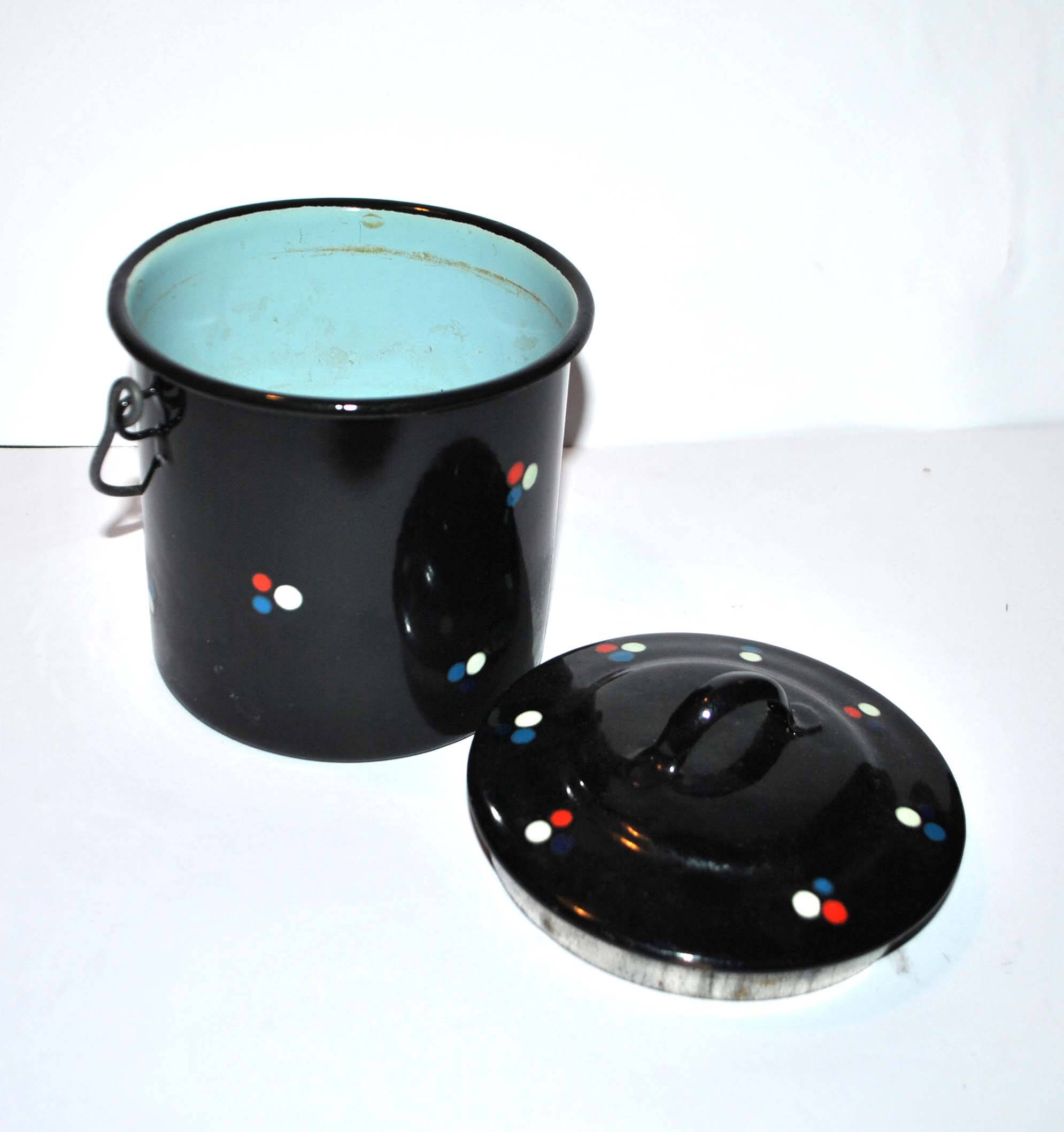 Boite émaillée vintage en métal émaillé marine à pois - pot couvert ou seau à glace déco de cuisine