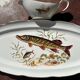 Large fish platter and its vintage porcelain sauce boat, decorated with pike.