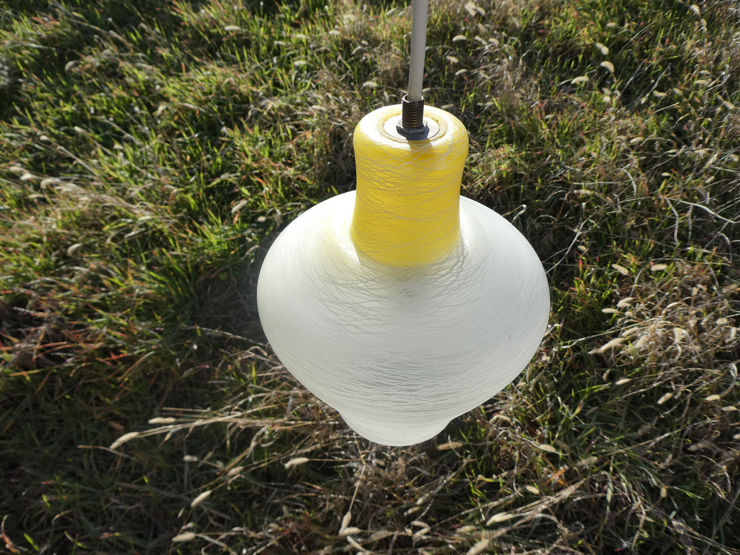white and yellow vintage textured glass pendant lamp 50s