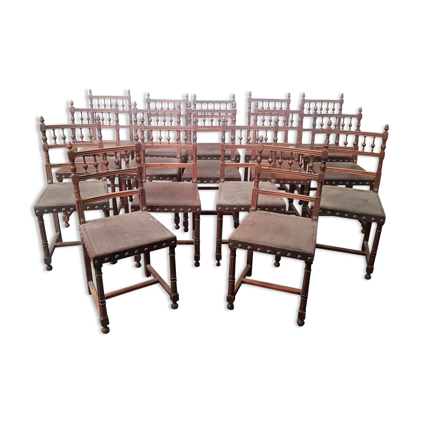 A set of 16 henri 2 style chairs in repelled leather 2 patterns