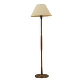 Danish floor lamp with wood and metal base, botanical fabric shade, 1960s