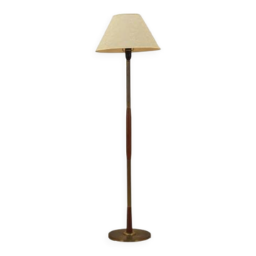 Danish floor lamp with wood and metal base, botanical fabric shade, 1960s