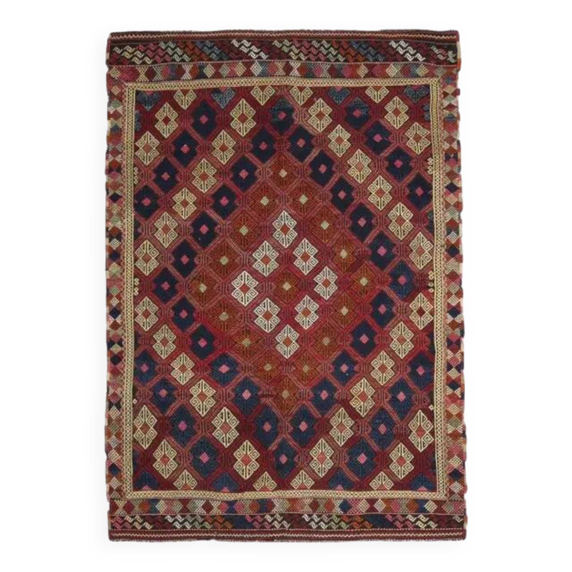 1970s Vintage Turkish Oushak Handmade Wool Cotton Red Kilim Rug 195x263