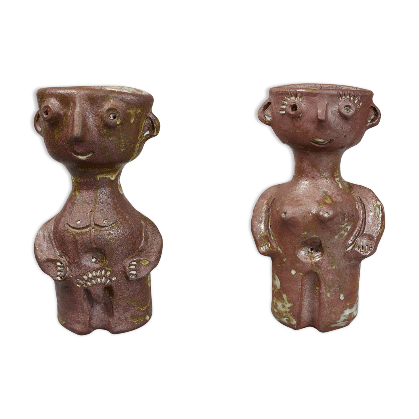 2 céramiques de Jacques Pouchain: couple en terre modelée, paire de vases anthropomorphe