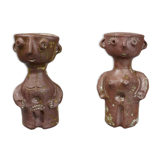 2 Jacques Pouchain ceramics: Earth modeled, pair of vases anthropomorphic couple