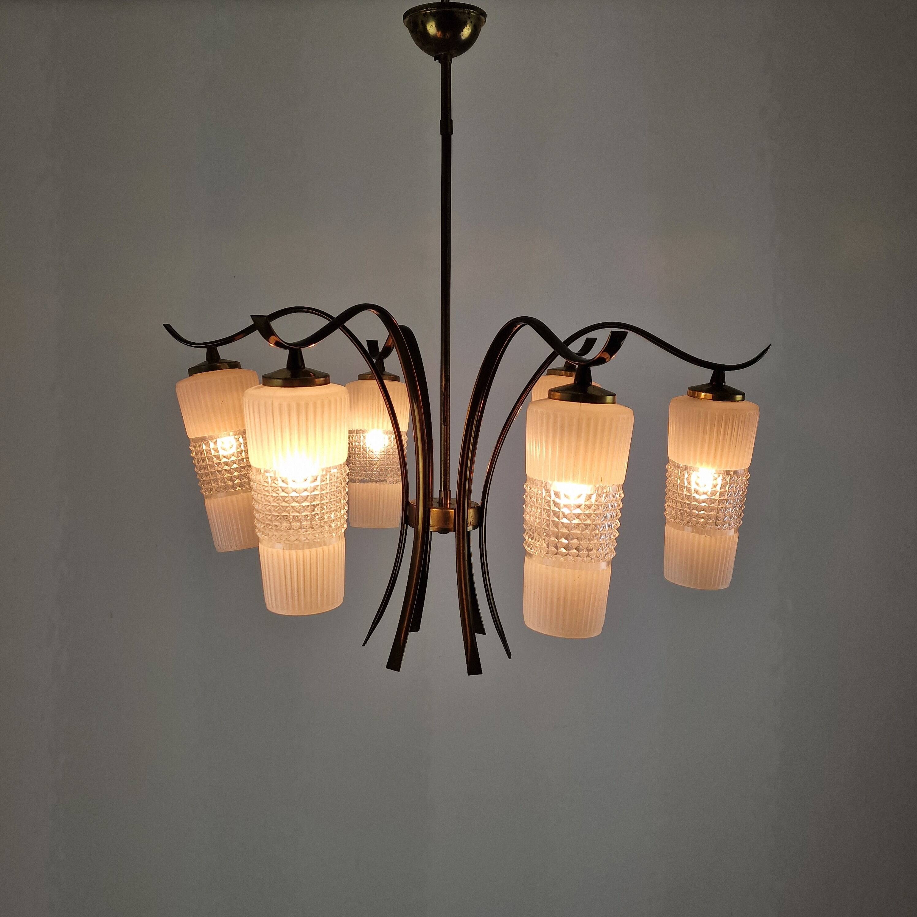 Italian Mid-Century Brass Chandelier with Murano Style Glass Shades, 1960's
