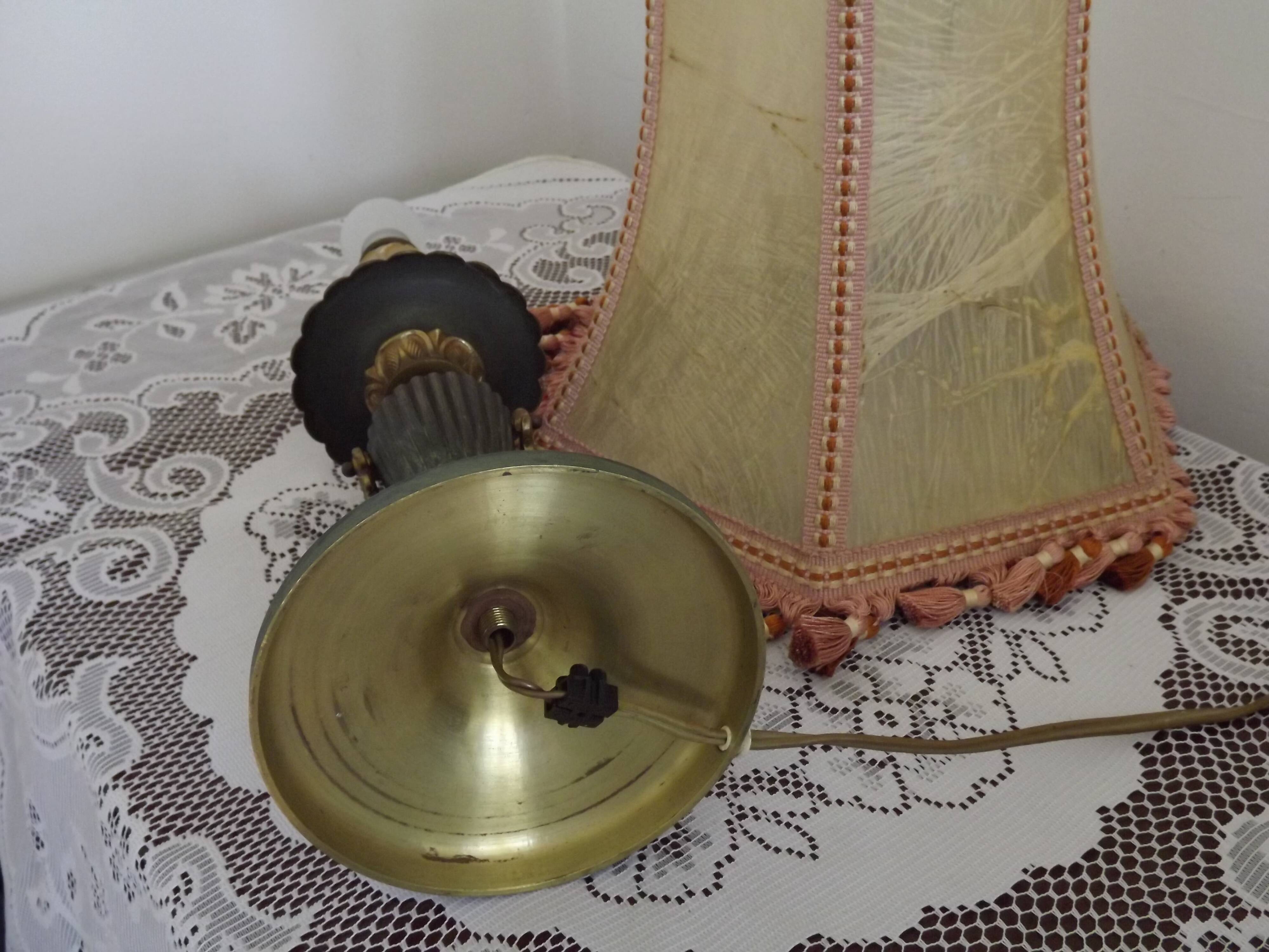 French Empire Style Green & Gold Brass Candlestick Table Lamp & Hide Shade
