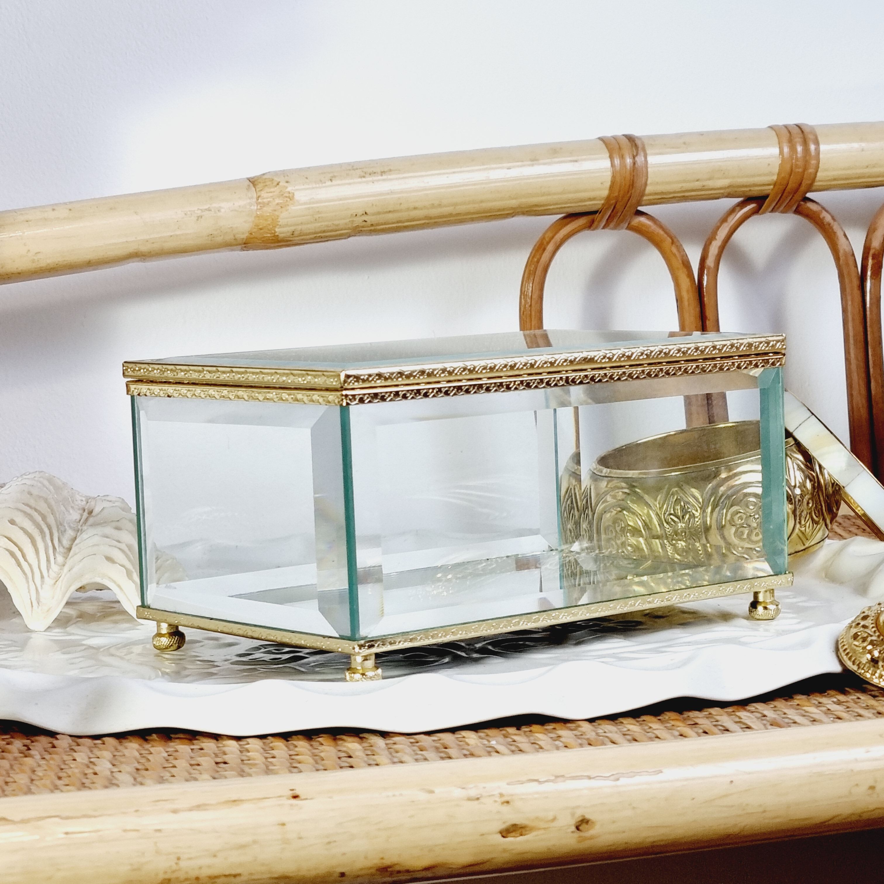 Beveled and chiseled glass and brass jewelry box