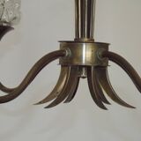 French vintage retro chandelier with 4 lights in brass and bronze with cut glass shades.