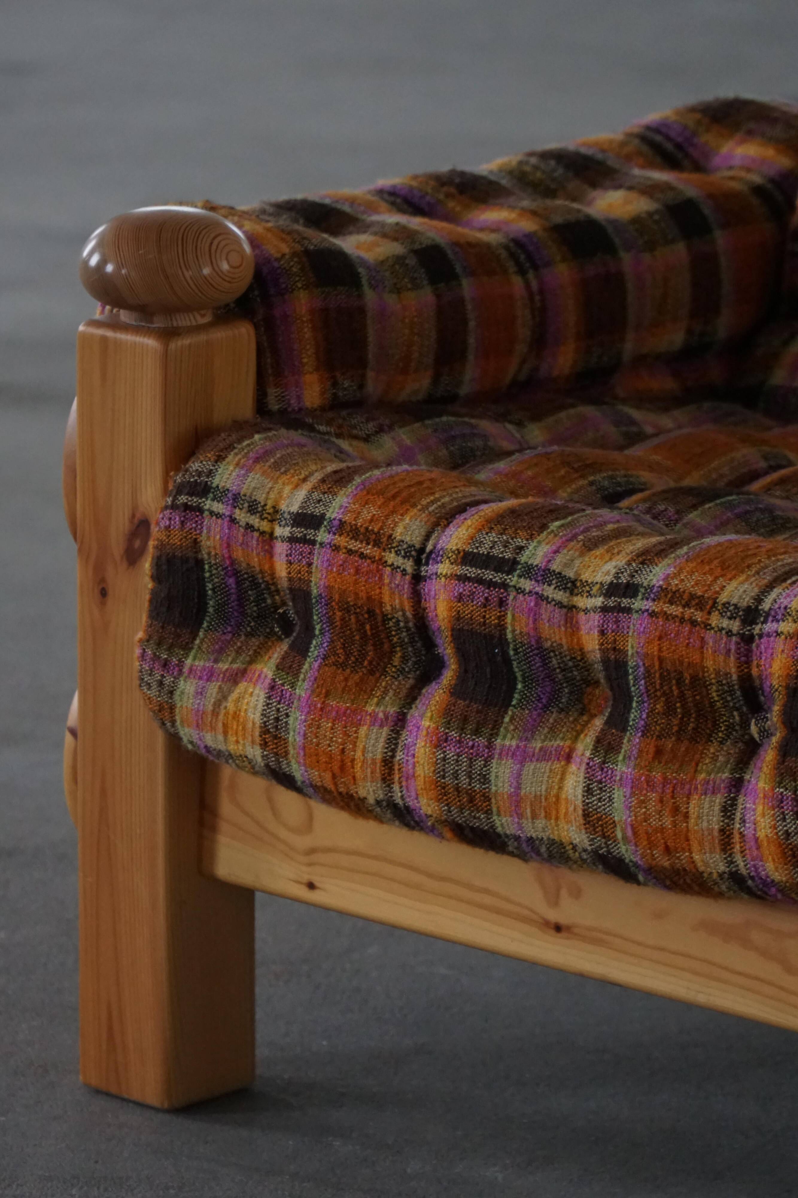 Brutalist lounge chair in solid pine, Swedish modern, made in the 1970s.