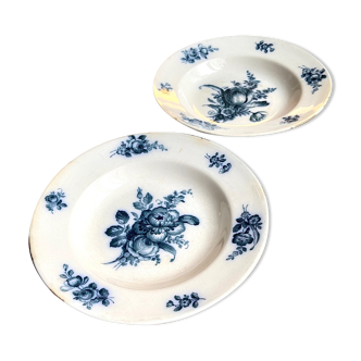 2 assiettes creuses en terre de fer blanche et bleue