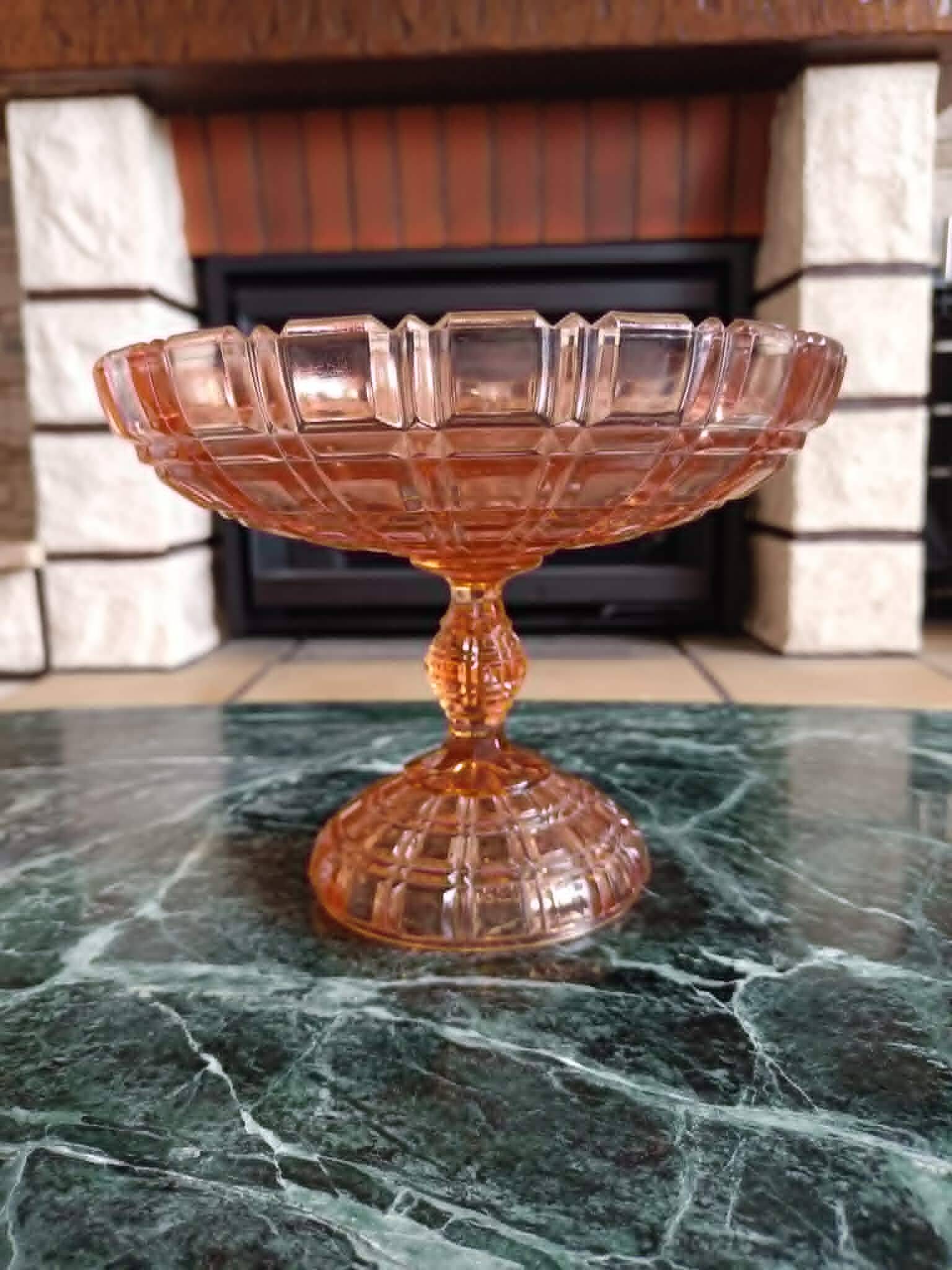 Coupe sur pied ancienne en verre rose portieux – vintage / art déco