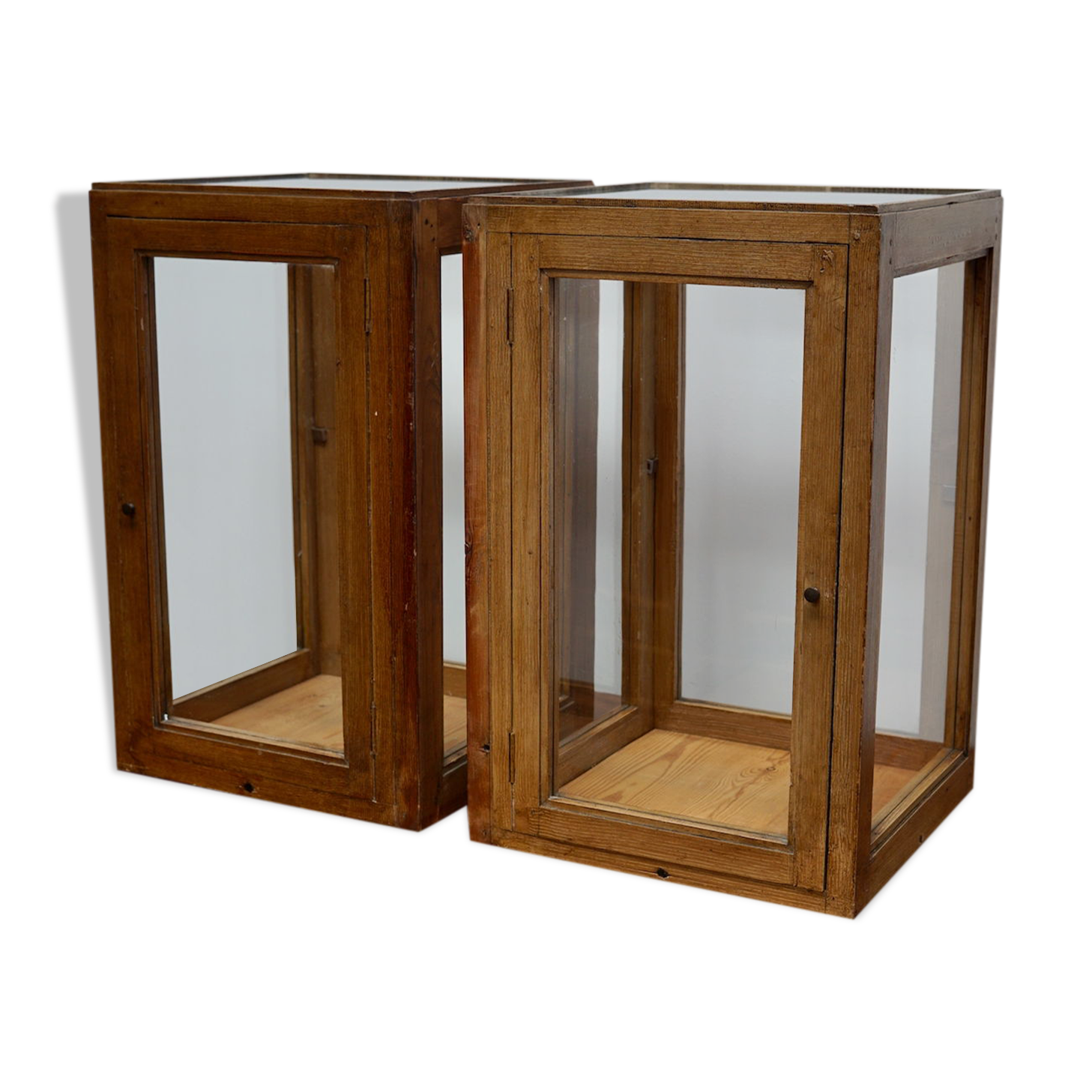 pair of faux oak shop display cabinets, circa 1920s