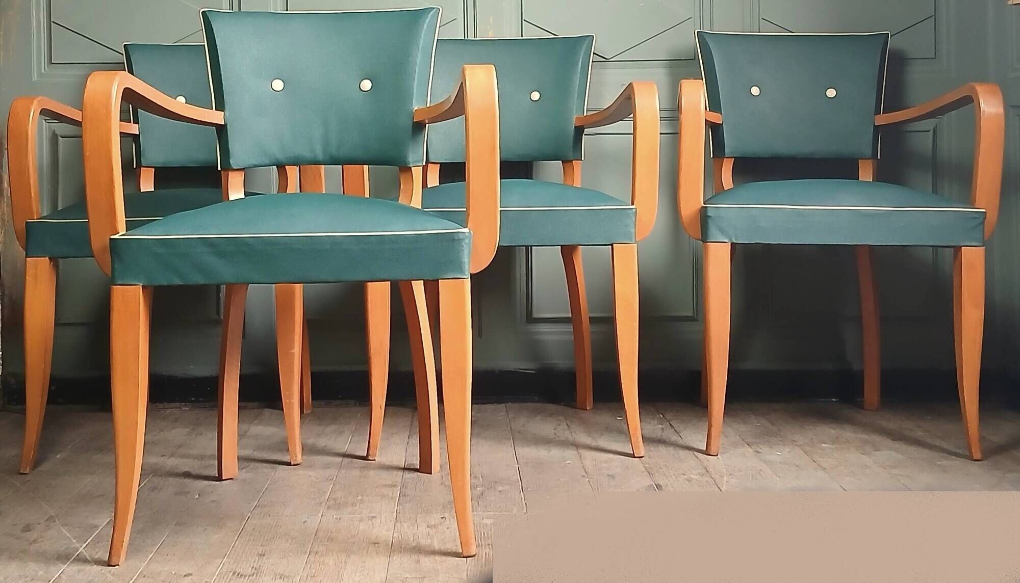 Set de 4 fauteuils bridges hêtre massif vernis & simili cuir vert 1958