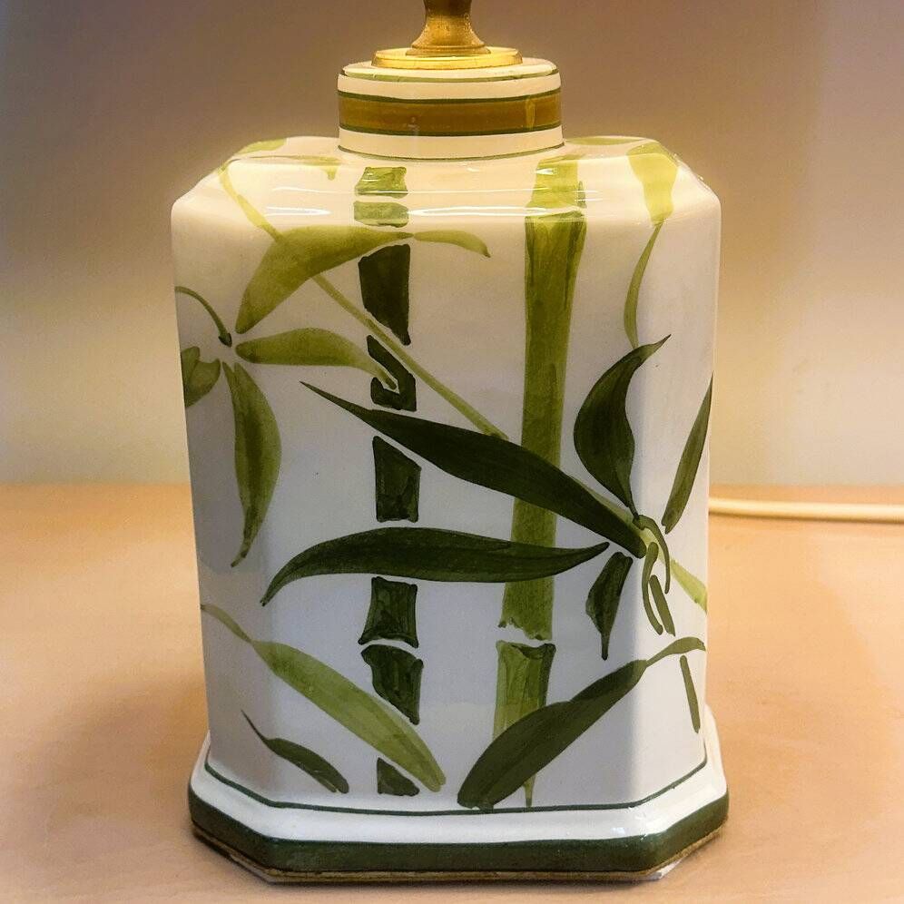 Pair of vintage bamboo ceramic table lamps with shades | Hand painted oriental style