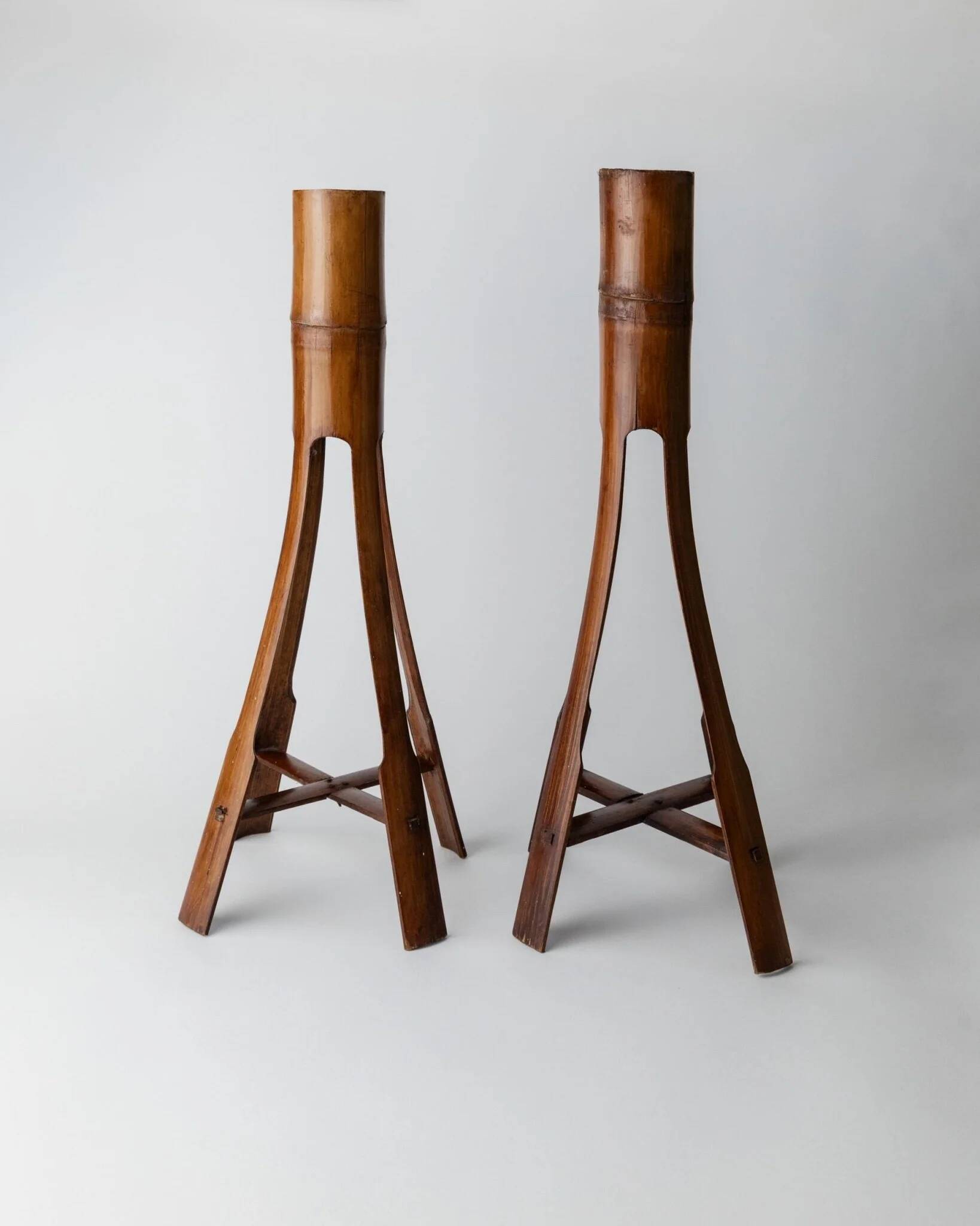 Two Vintage Beige Bamboo Candle Holders – Boho Organic Mid-Century Italian Design, 1960s