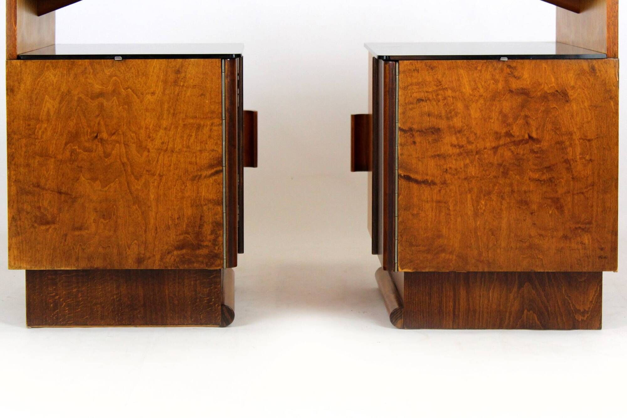 Restored Art Deco Nightstands with Black Glass Tops, 1950s, Set of 2