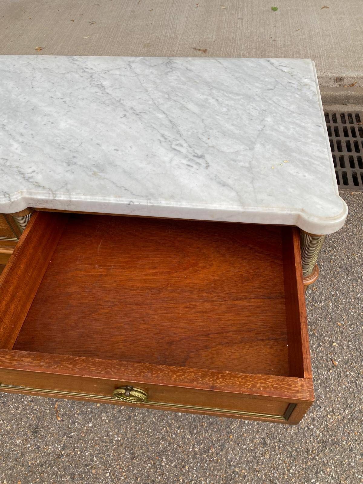 Louis XVI sideboard in solid mahogany with a white marble top, 222cm, 1950.