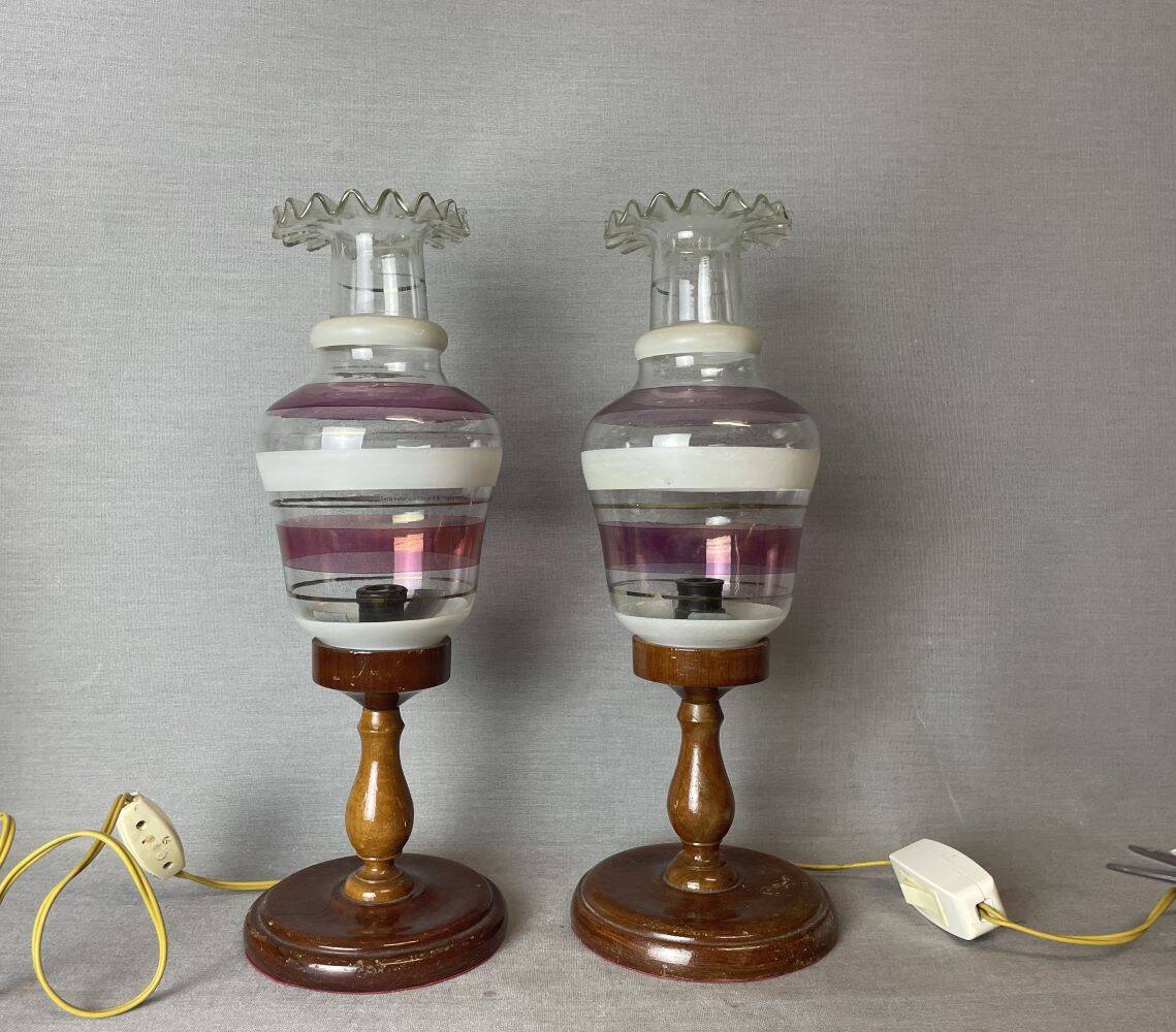 Portuguese Farmhouse rustic wooden table lamps with torch glass shades, 1970s, Set of 2