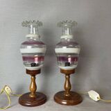 Lampes de table rustiques en bois de ferme portugaise avec abat-jour en verre torche, 1970s, Set de 2