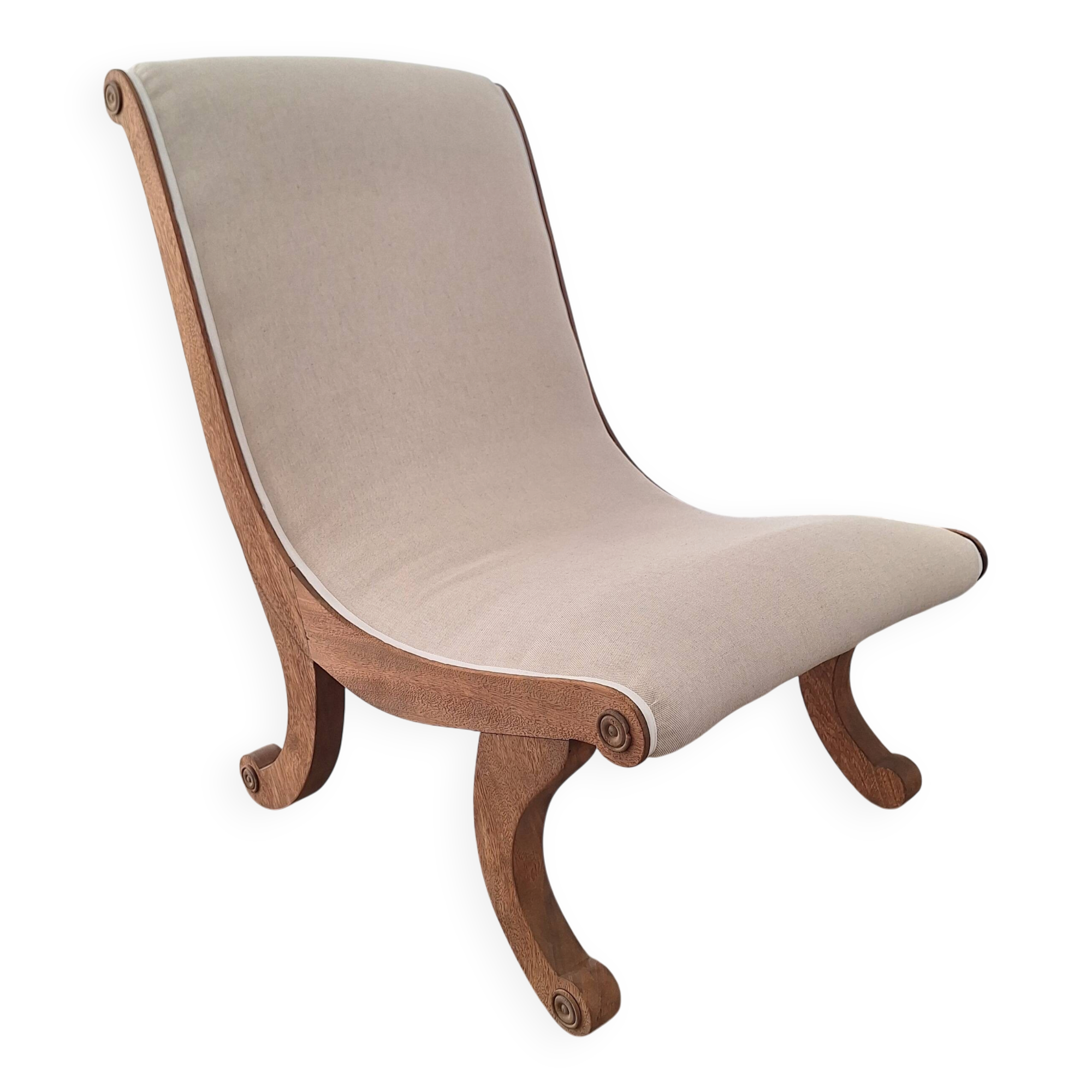 Vintage gondola armchair in beige linen fabric.