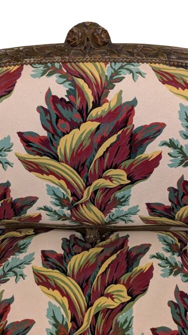 Directoire style sofa, carved wood & floral fabric, perfect condition