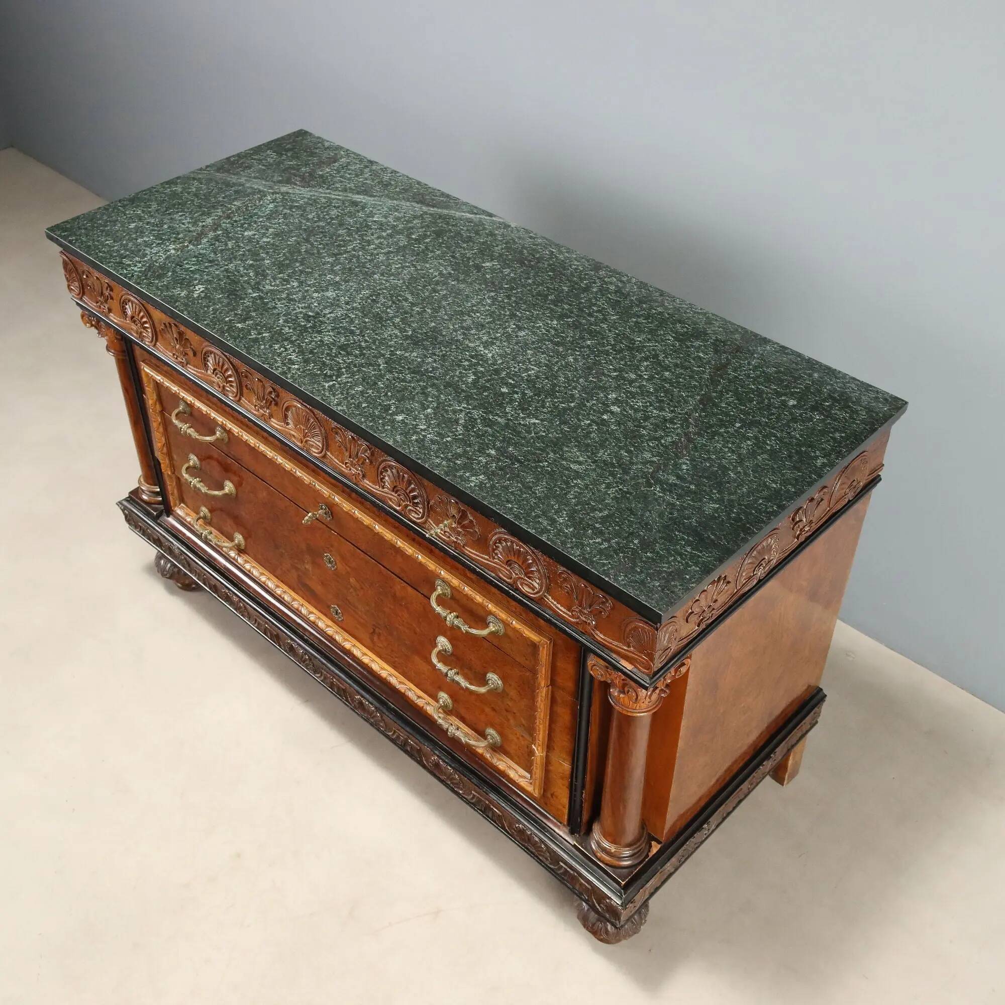 Antique walnut burl commode with marble top, Italy, 20th century.