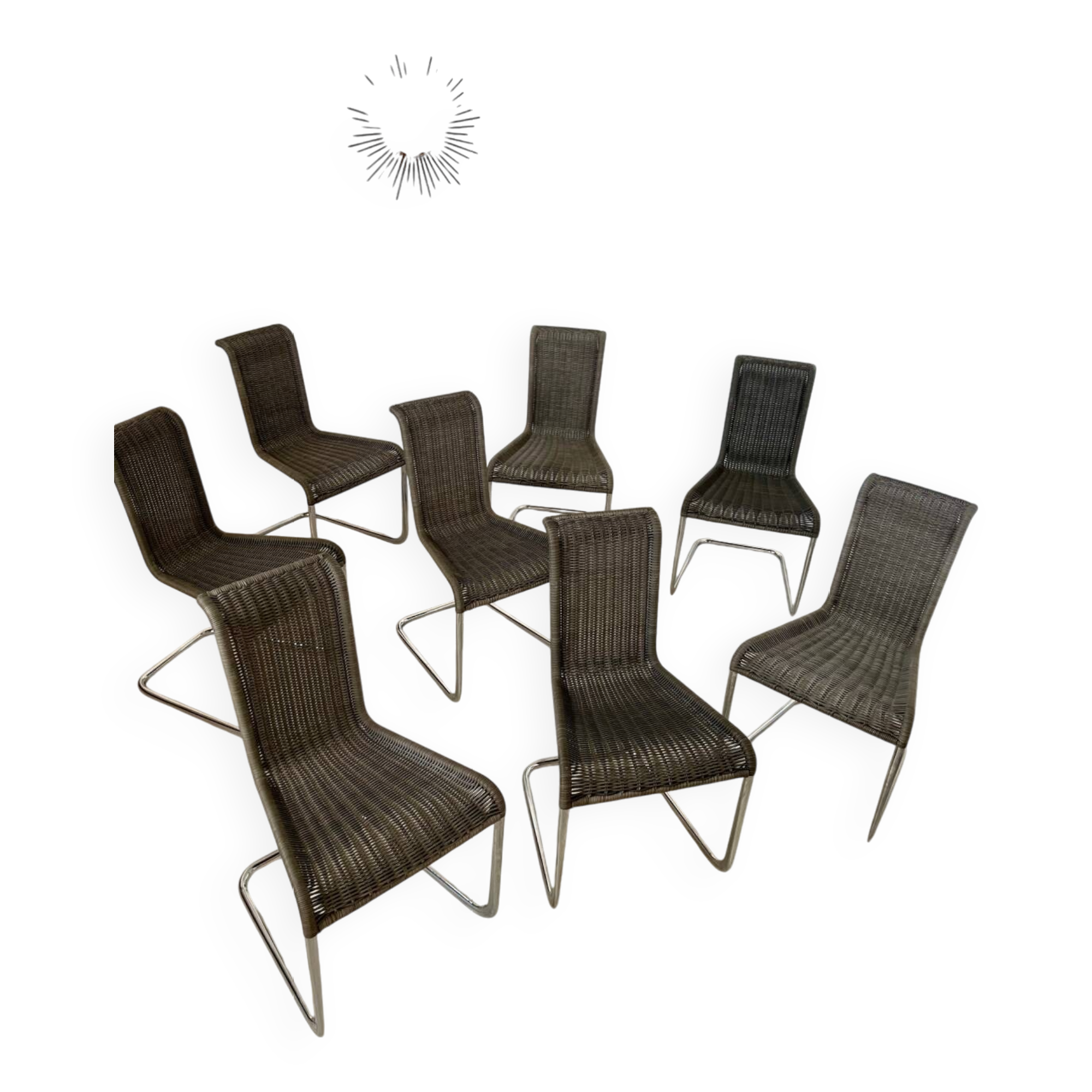 Set of 8 Tecta designer tubular chairs, Bauhaus style, metal and vintage gray cane, 80s