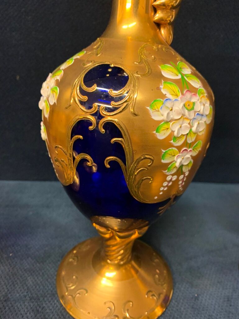 Murano glass decanter set with six wine glasses 24K Gold Leaf – Blue.