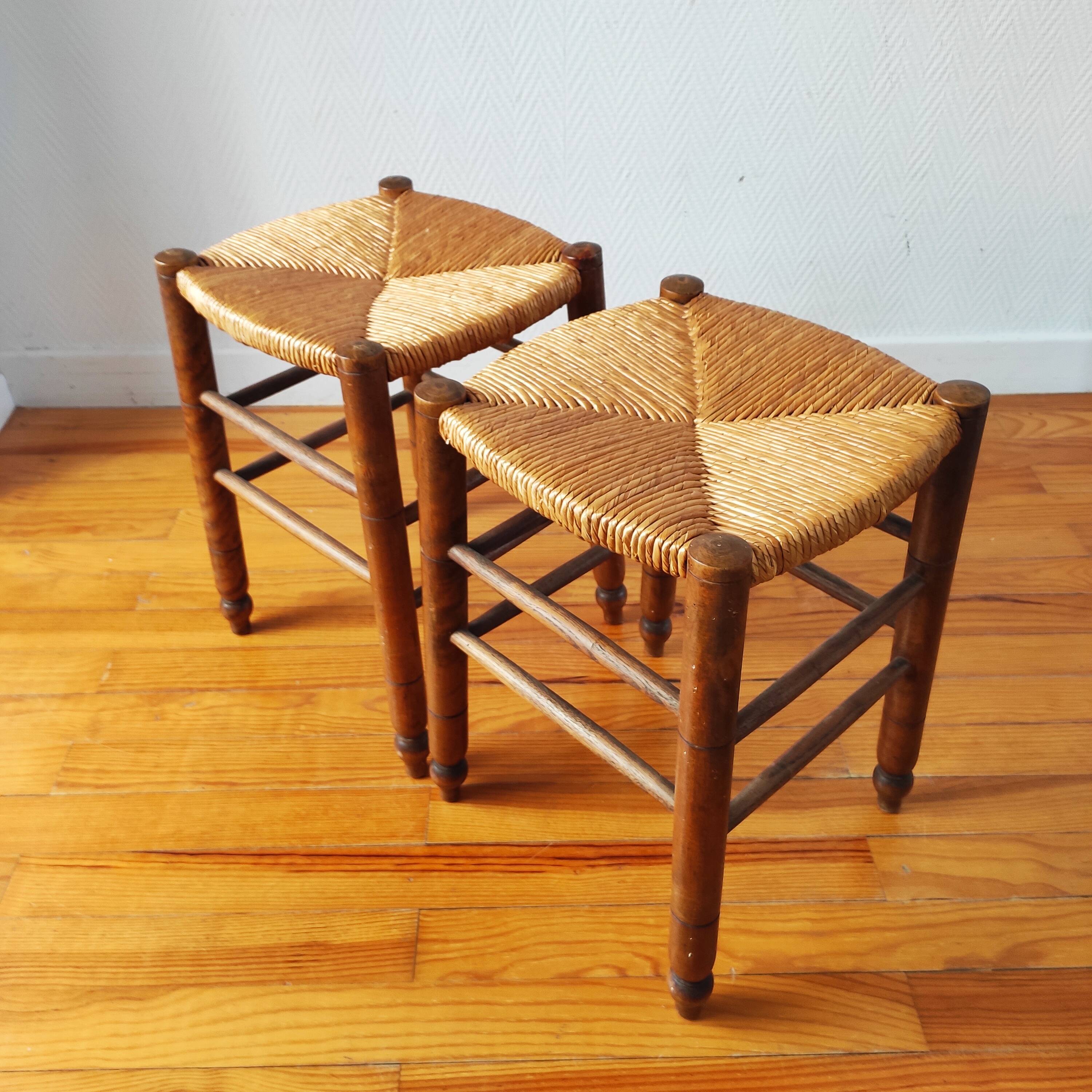 Pair of stools with straw seats, 1960