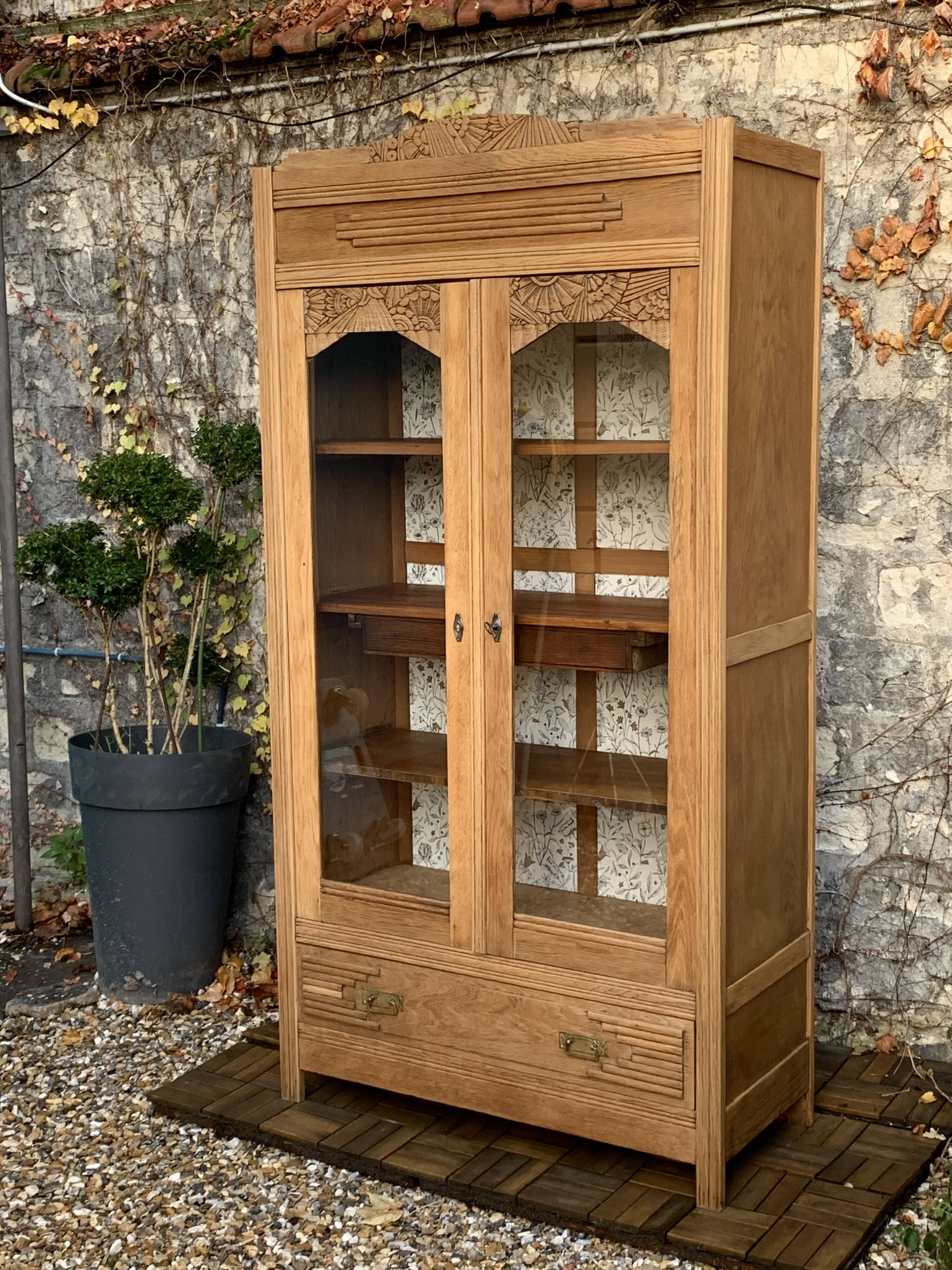 Parisian art deco glass cabinet in raw wood
