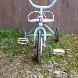 Old children's tricycle toy metal blue & white 70s vintage